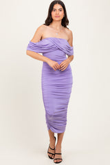 Lavender Off Shoulder Draped Ruched Midi Dress