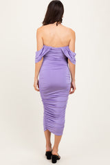 Lavender Off Shoulder Draped Ruched Midi Dress