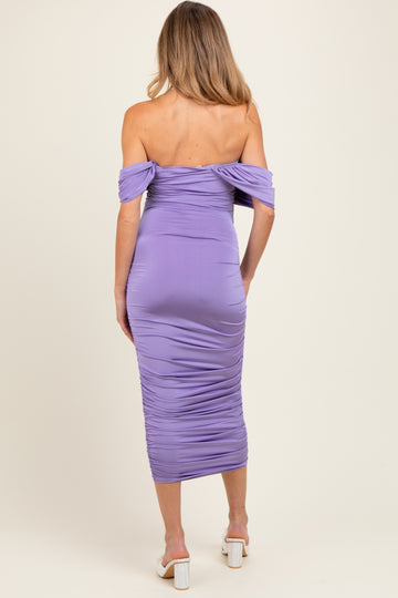 Lavender Off Shoulder Draped Ruched Maternity Midi Dress