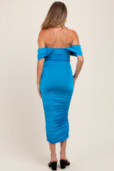 Blue Off Shoulder Draped Ruched Maternity Midi Dress