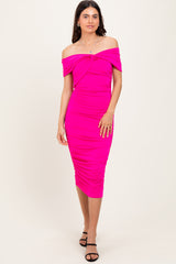 Fuchsia Knotted Off Shoulder Ruched Midi Dress