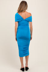 Blue Knotted Off Shoulder Ruched Maternity Midi Dress