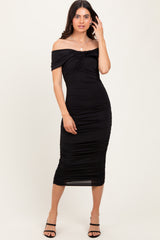 Black Knotted Off Shoulder Ruched Maternity Midi Dress
