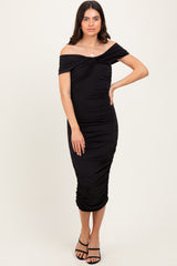 Black Knotted Off Shoulder Ruched Midi Dress