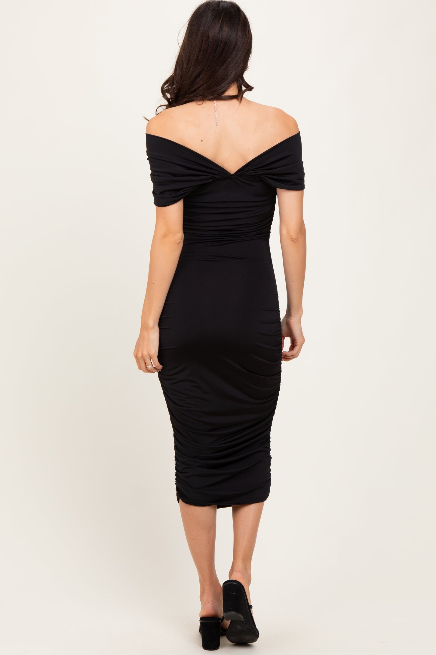 Black Knotted Off Shoulder Ruched Midi Dress PinkBlush Black Knotted Off Shoulder Ruched Midi Dress PinkBlush