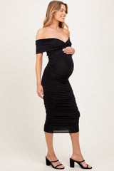 Black Knotted Off Shoulder Ruched Maternity Midi Dress