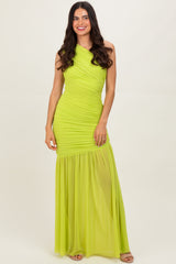 Lime Ruched Mesh One Shoulder Maternity Maxi Dress