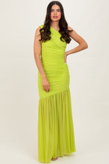 Lime Ruched Mesh One Shoulder Maxi Dress