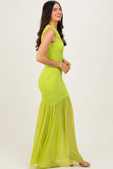 Lime Ruched Mesh One Shoulder Maxi Dress