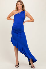 Royal Blue One Shoulder Asymmetrical Ruffle Maternity Dress