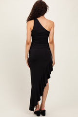 Black One Shoulder Asymmetrical Ruffle Dress