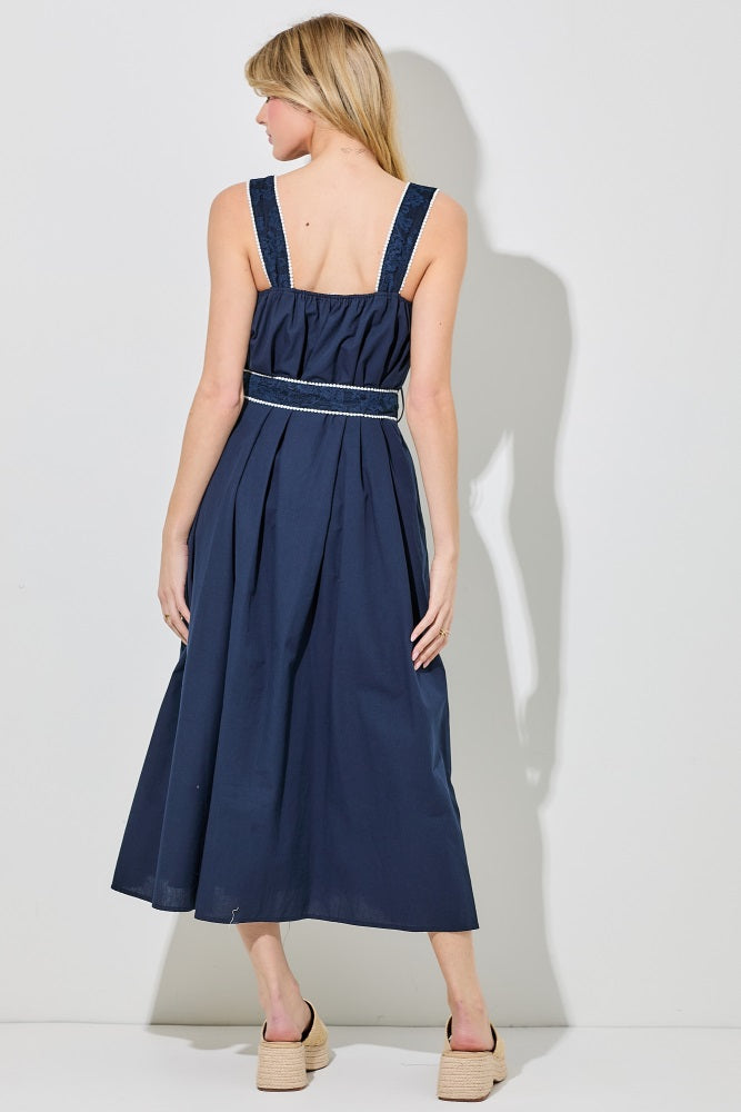 Navy Waist Strap Midi Dress