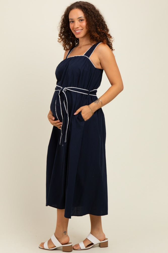 Navy Waist Strap Maternity Midi Dress