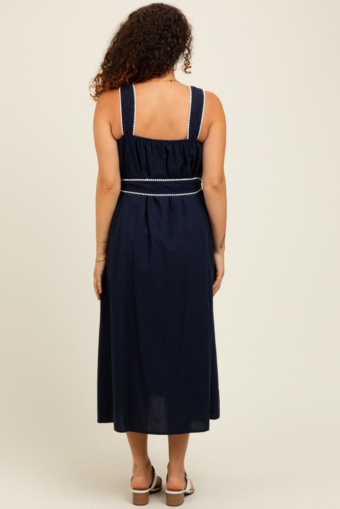 Navy Waist Strap Maternity Midi Dress