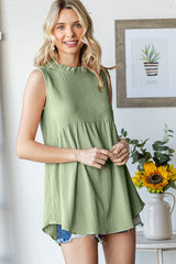Light Olive Ruffle Mock Neck Sleeveless Blouse