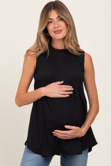Black Ruffle Mock Neck Maternity Sleeveless Blouse