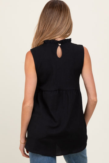 Black Ruffle Mock Neck Maternity Sleeveless Blouse