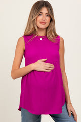 Magenta Ruffle Mock Neck Maternity Sleeveless Blouse