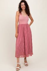 Mauve Solid Tank Top Lace Skirt Midi Dress