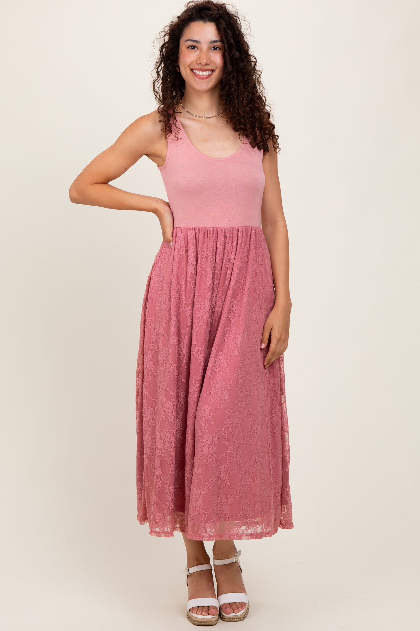 Mauve Solid Tank Top Lace Skirt Midi Dress