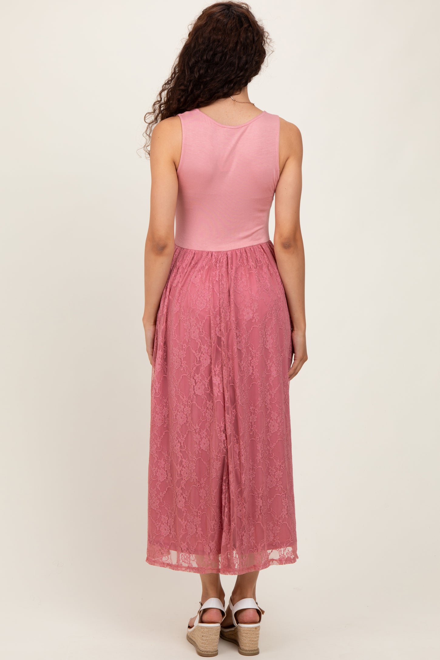 Mauve Solid Tank Top Lace Skirt Midi Dress
