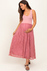 Mauve Solid Tank Top Lace Skirt Maternity Midi Dress