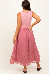 Mauve Solid Tank Top Lace Skirt Maternity Midi Dress