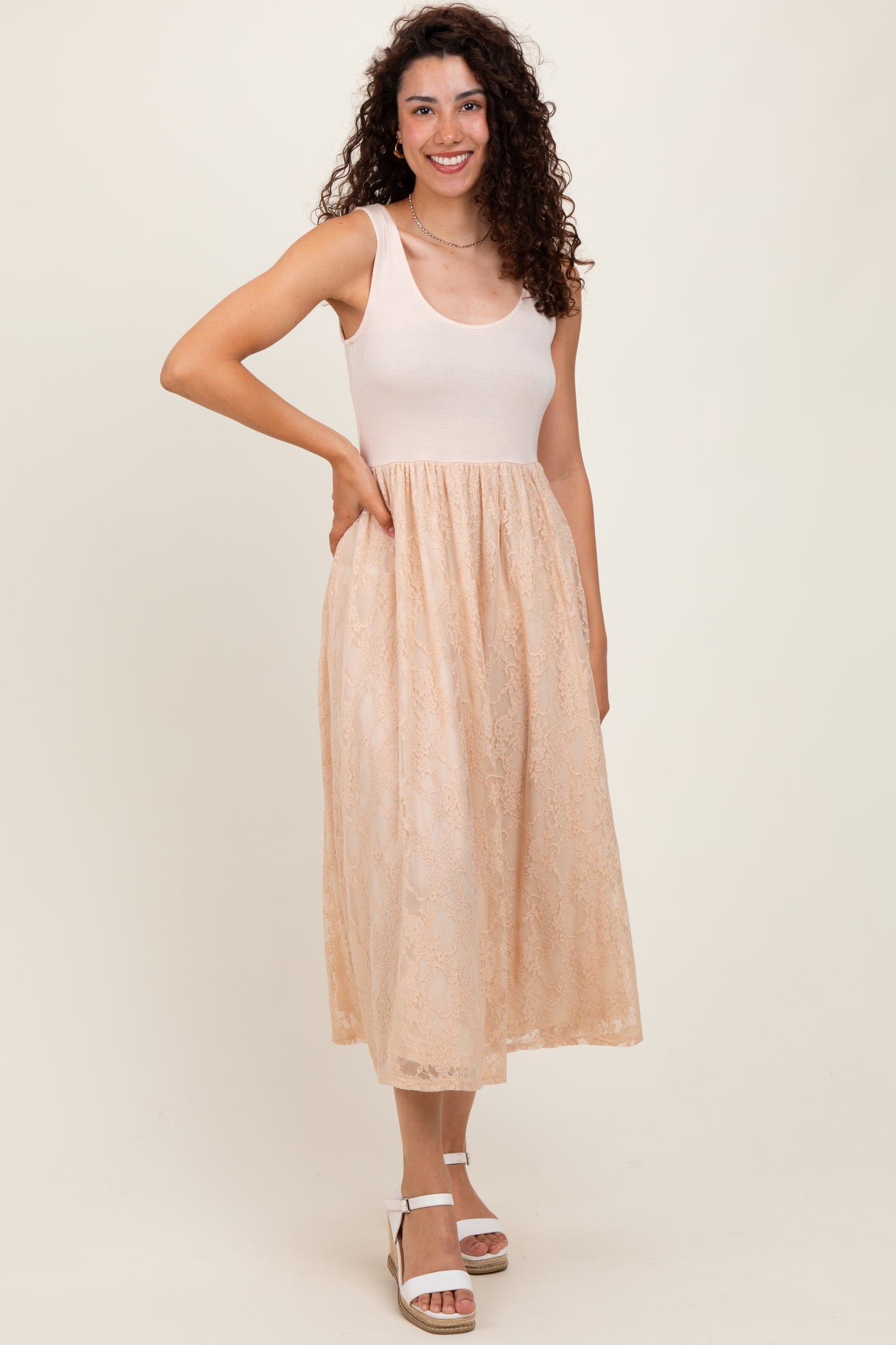 Beige Solid Tank Top Lace Skirt Midi Dress Beige Solid Tank Top Lace Skirt Midi Dress