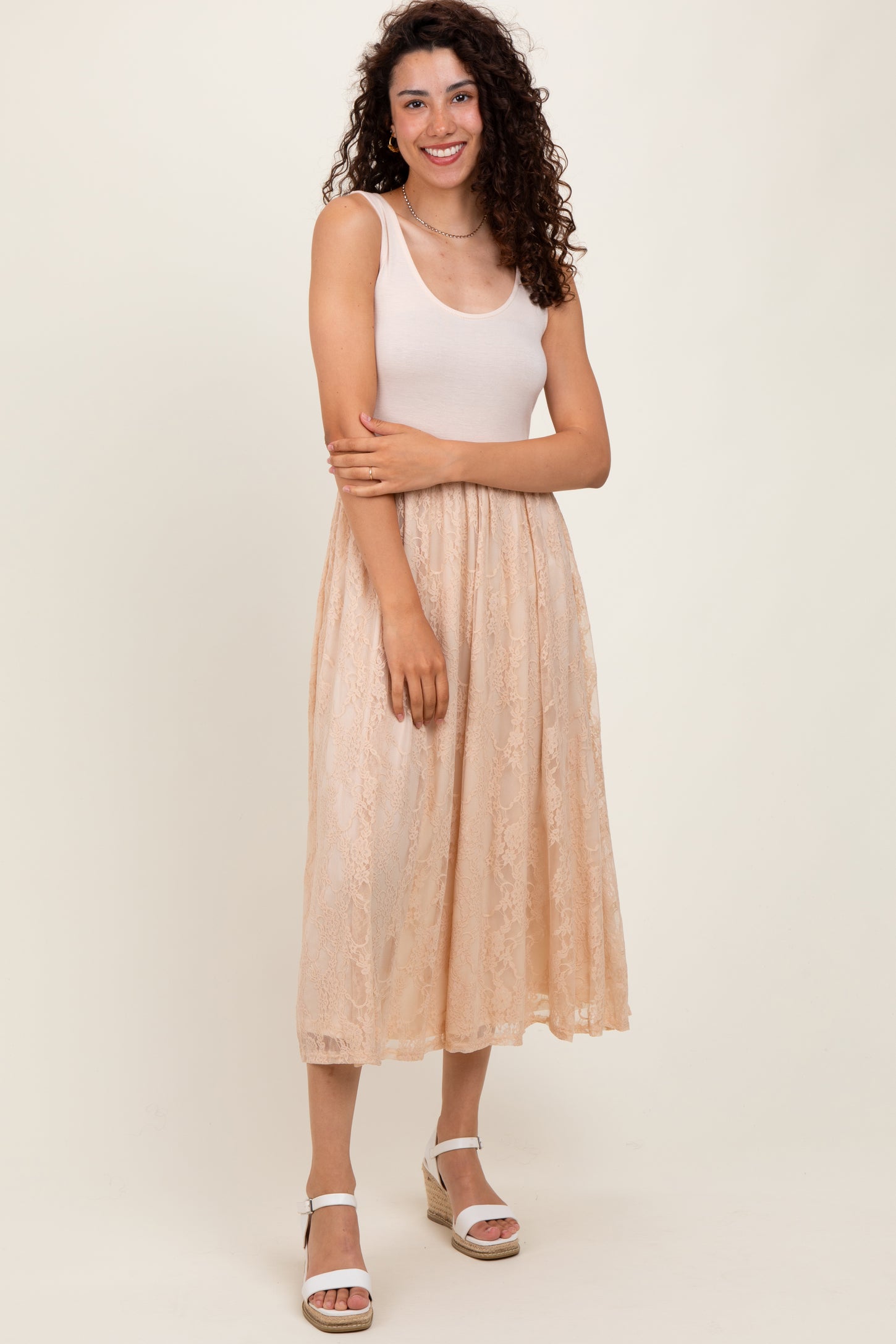 Beige Solid Tank Top Lace Skirt Midi Dress