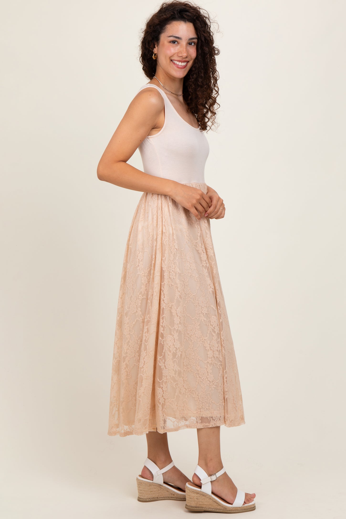 Beige Solid Tank Top Lace Skirt Midi Dress