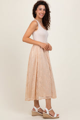 Beige Solid Tank Top Lace Skirt Midi Dress