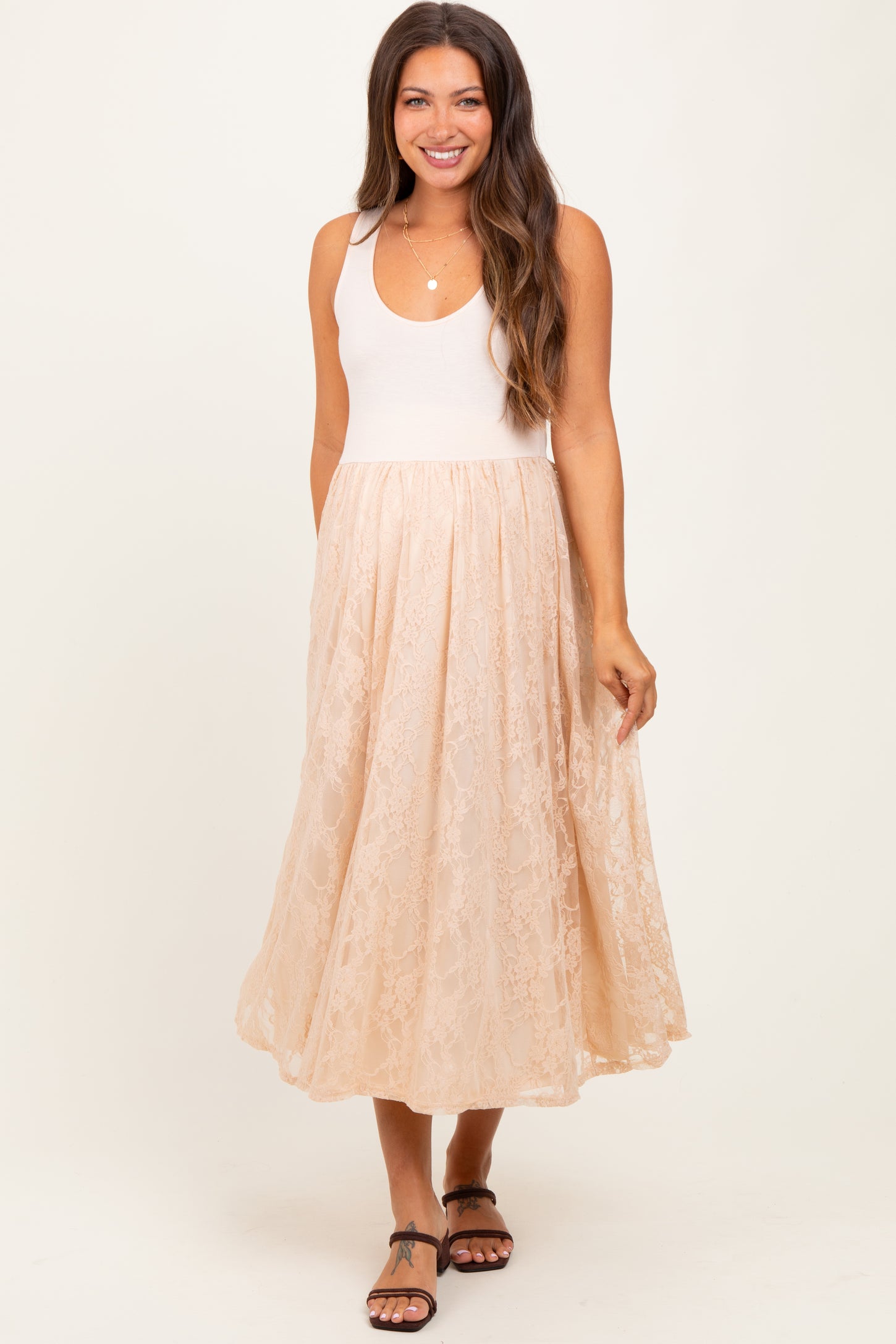Beige Solid Tank Top Lace Skirt Maternity Midi Dress – PinkBlush