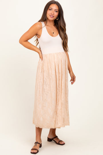 Beige Solid Tank Top Lace Skirt Maternity Midi Dress