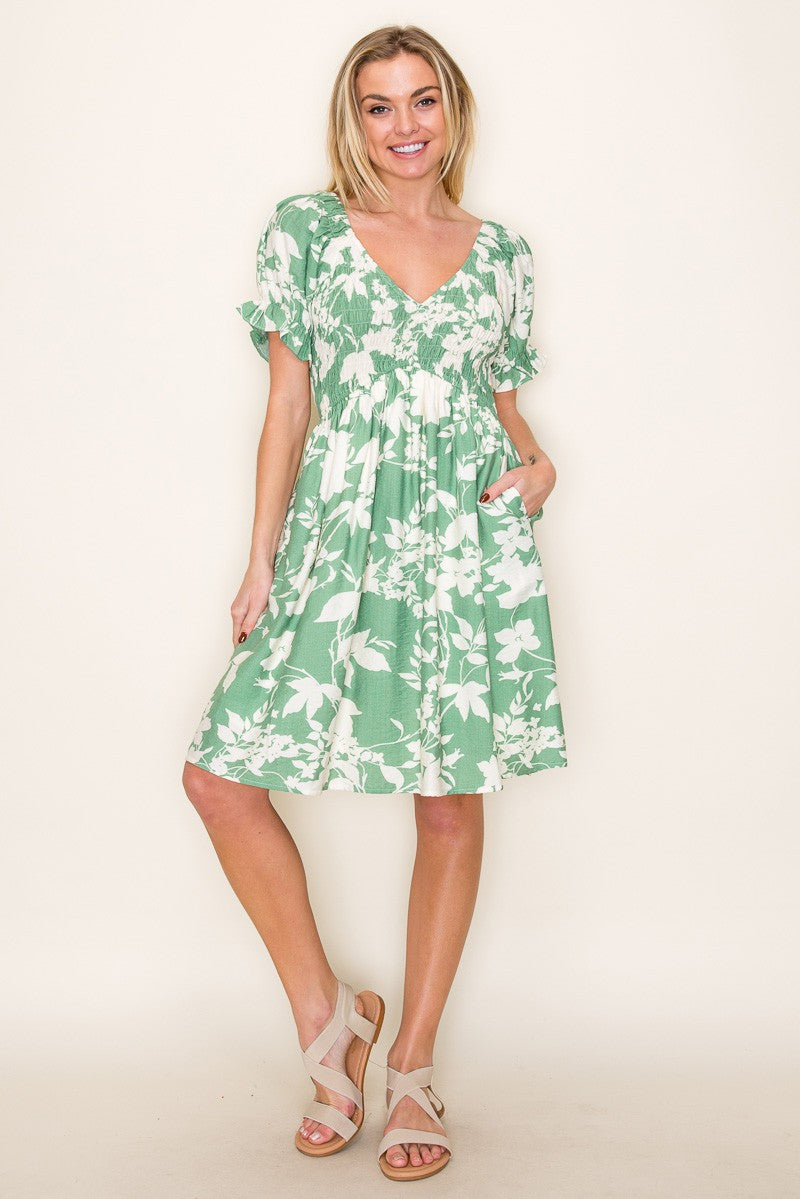 Light Olive Floral Smocked Puff Sleeve Dress Light Olive Floral Smocked Puff Sleeve Dress