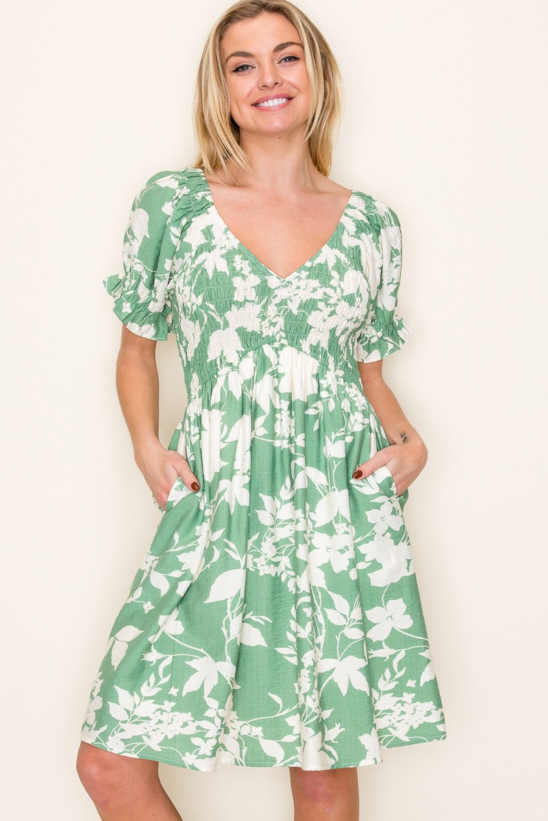 Light Olive Floral Smocked Puff Sleeve Dress PinkBlush Light Olive Floral Smocked Puff Sleeve Dress PinkBlush