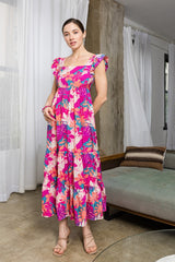 Magenta Tropical Floral Tiered Maxi Dress