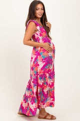 Magenta Tropical Floral Tiered Maternity Maxi Dress