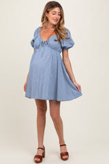 Blue Striped Chambray Front Tie Maternity Mini Dress
