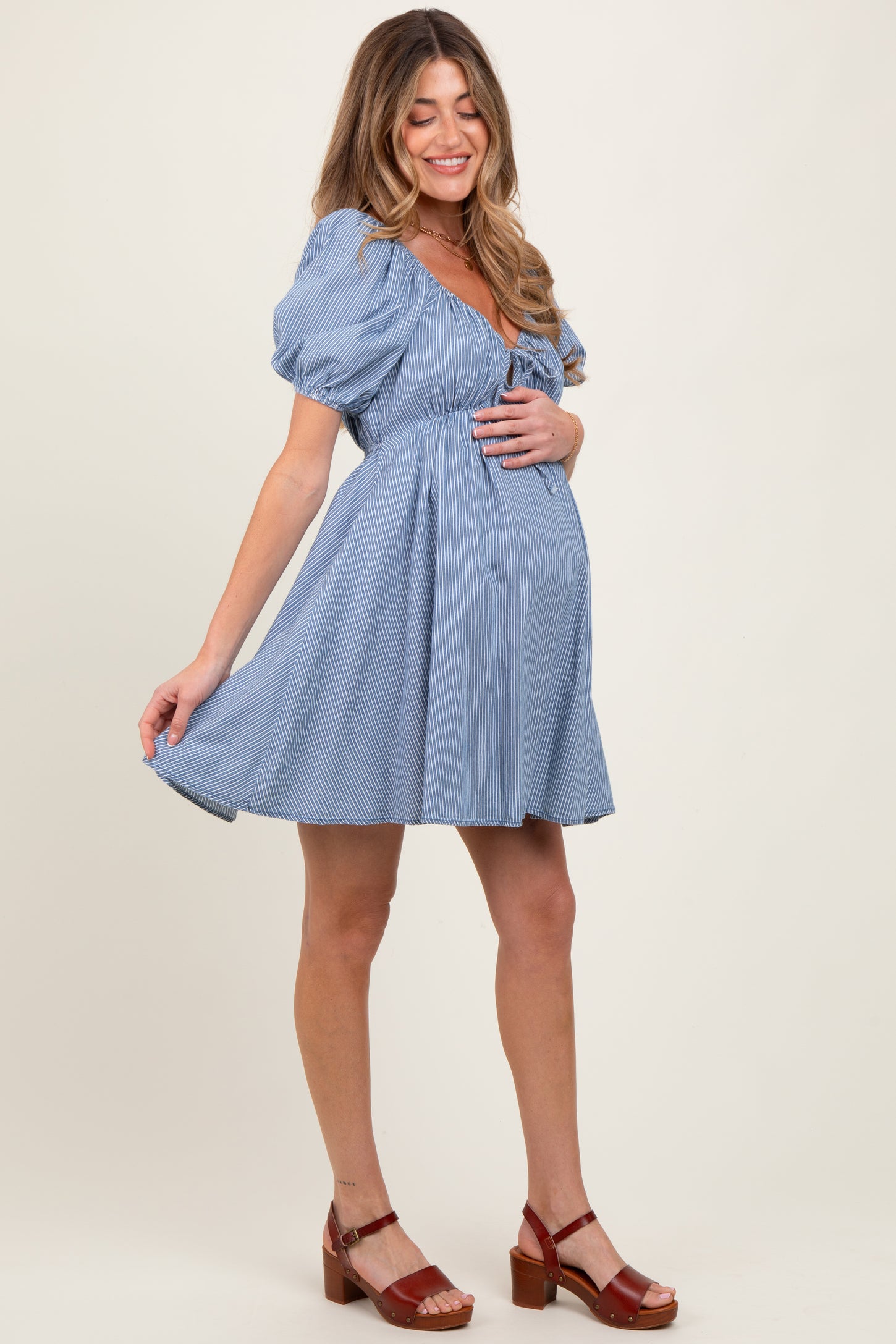 Blue Striped Chambray Front Tie Maternity Mini Dress