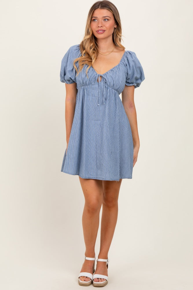 Blue Striped Chambray Front Tie Mini Dress
