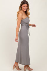 Black Gingham Strapless Side Tie Maxi Dress