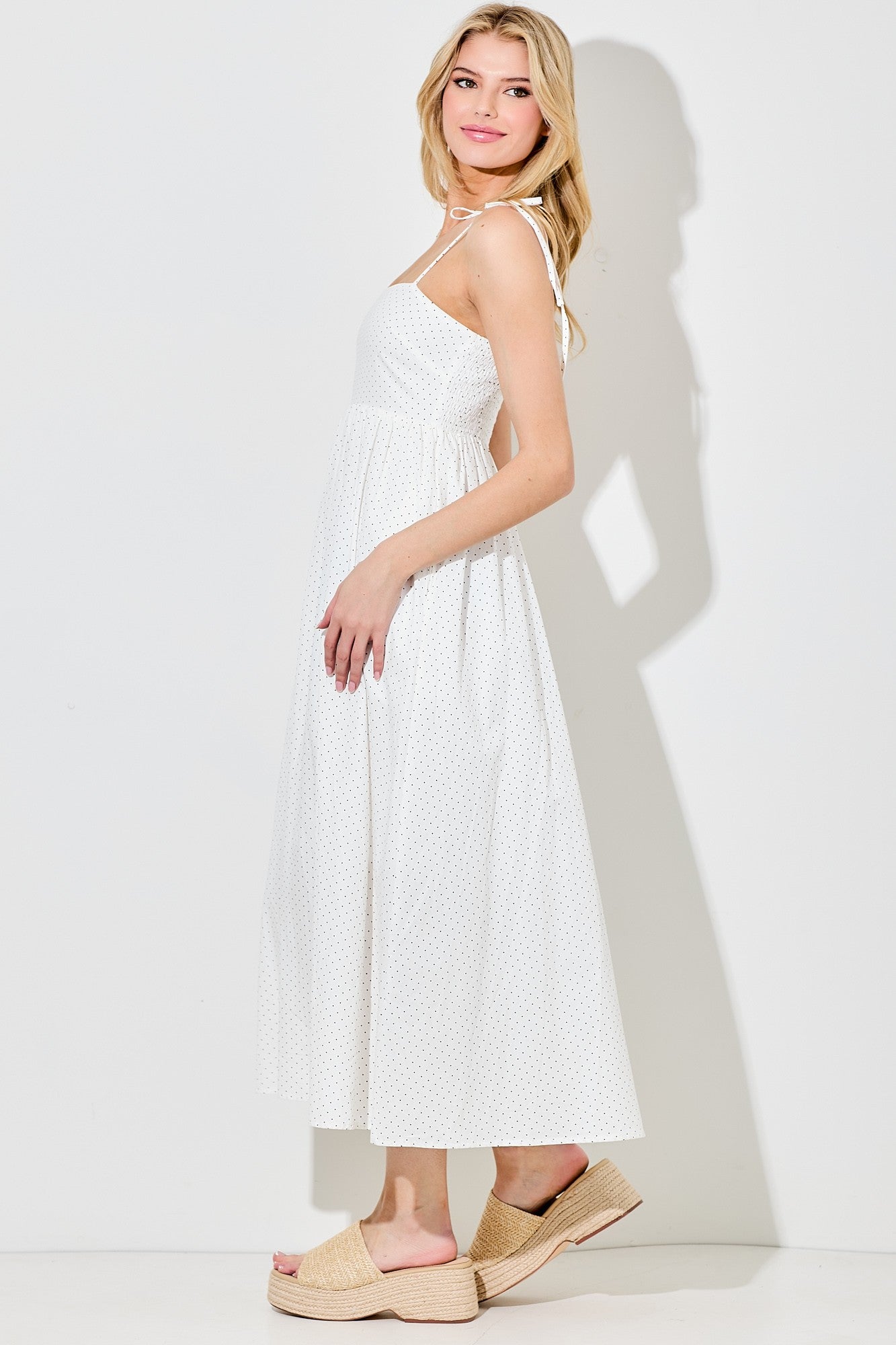 Ivory Polka Dot Shoulder Tie Midi Dress Ivory Polka Dot Shoulder Tie Midi Dress