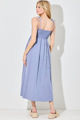 Blue Polka Dot Shoulder Tie Midi Dress