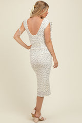 Cream Floral V-Neck Shoulder Tie Maternity Midi Dress