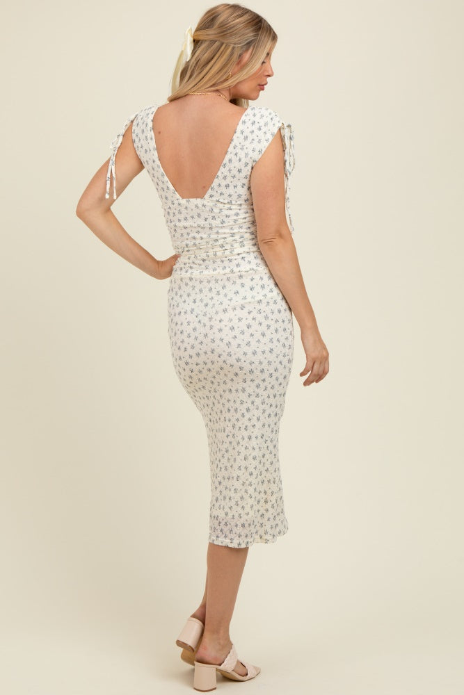 Cream Floral V-Neck Shoulder Tie Maternity Midi Dress