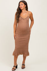 Mocha Lace Overlay Sweetheart Neckline Maternity Midi Dress