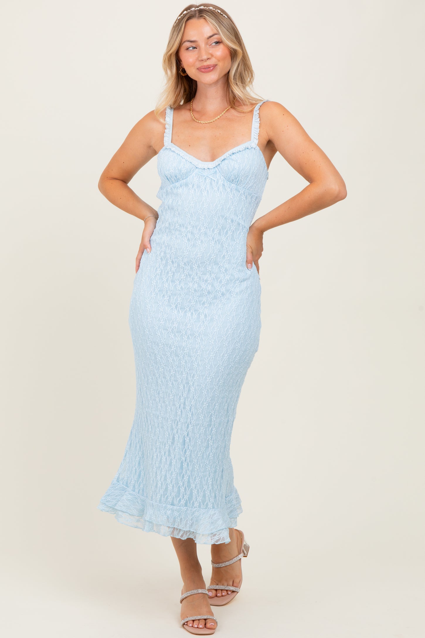 Light Blue Lace Overlay Sweetheart Neckline Midi Dress