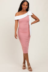 Mauve Coloblock One Shoulder Draped Midi Dress