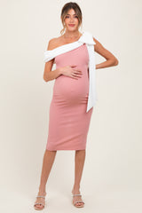 Mauve Coloblock One Shoulder Draped Maternity Midi Dress
