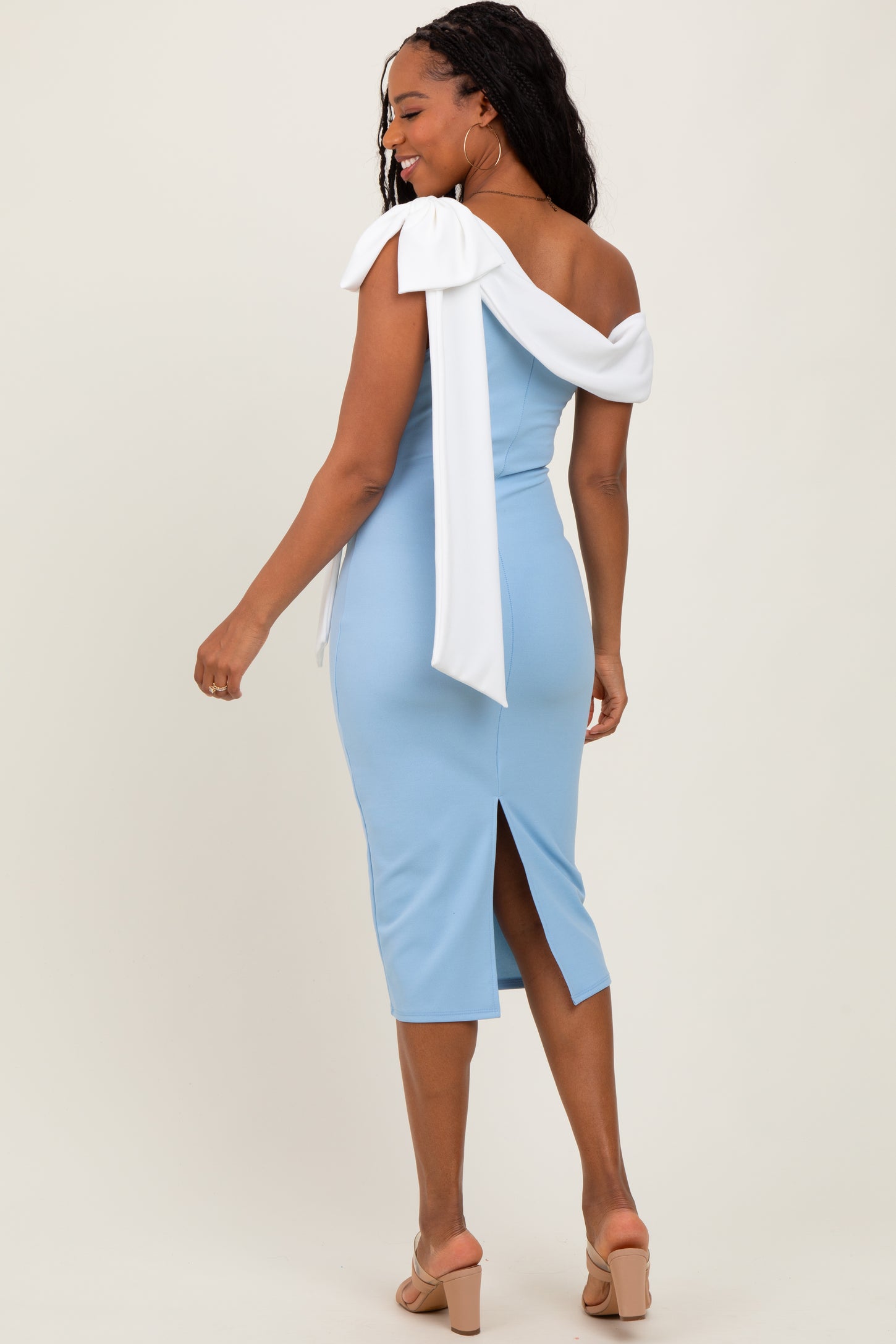 Blue Colorblock One Shoulder Draped Midi Dress